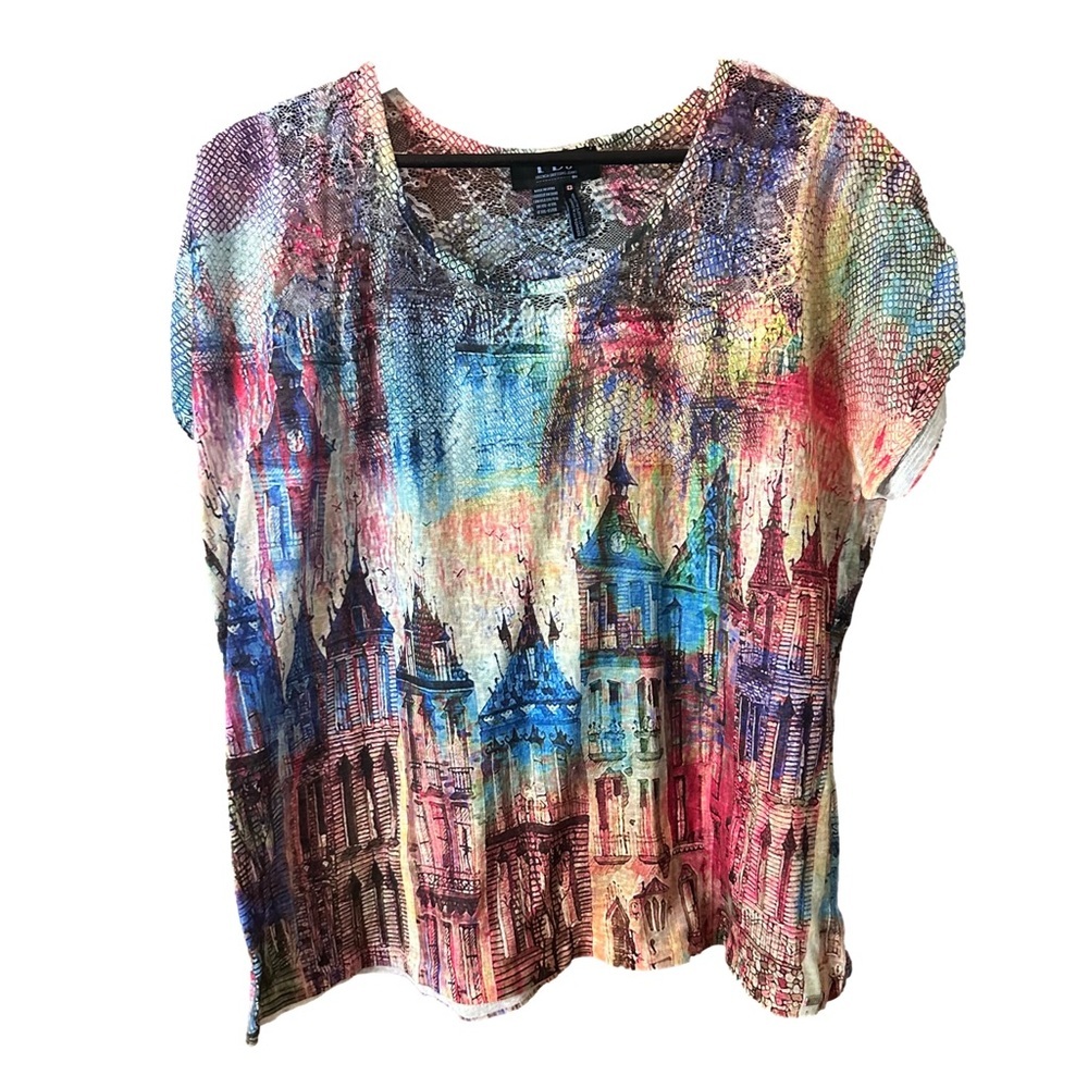 FDJ Colourful Cityscape Women's Short Sleeve Blouse Lace Back Neck Sz XXL